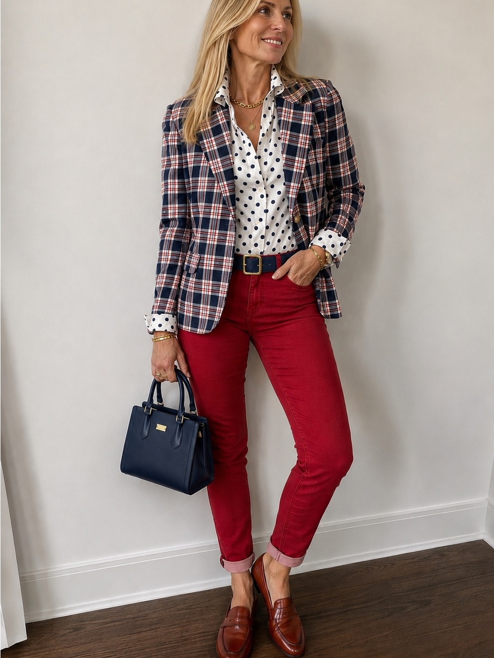 NWT Vintage LIZSPORT Navy Red Plaid Women's Blazer-8